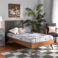 Baxton Studio Laima-Dark Grey/Walnut-Twin Laima Mid-Century Modern Dark Grey Fabric Upholstered and Walnut Brown Finished Wood Twin Size Platform Bedn